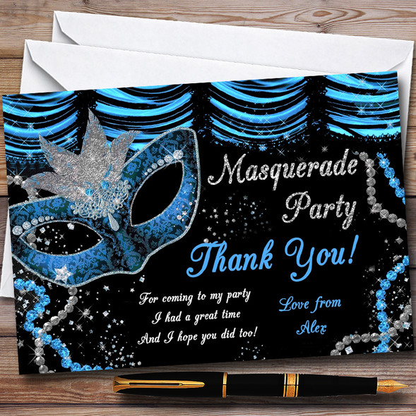 Blue & Black Mask Masquerade Ball Personalised Party Thank You Cards