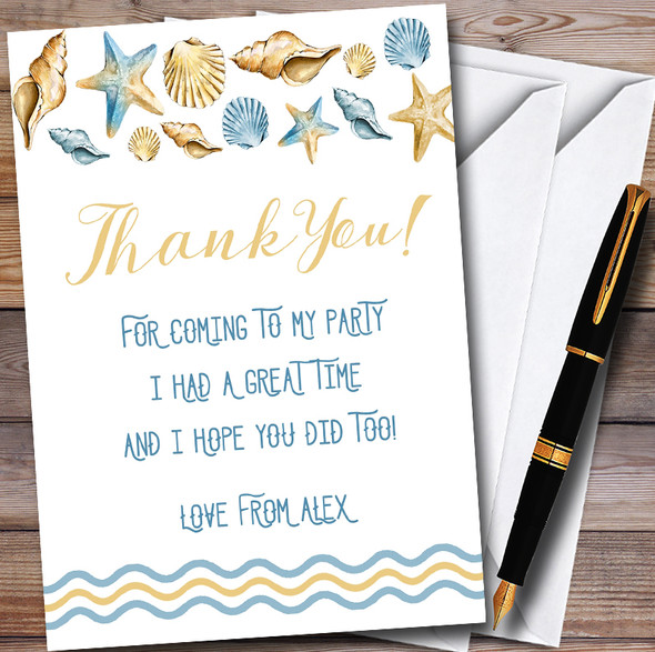 Blue & Golden Shells Beach Personalised Party Thank You Cards