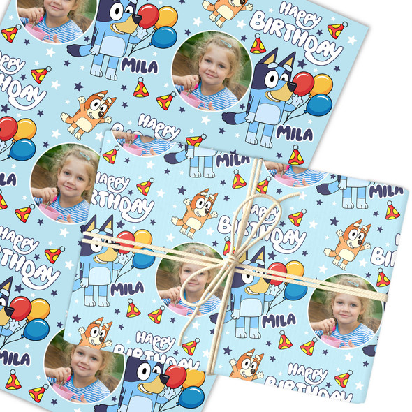 Personalised Wrapping Paper Kids Birthday Bluey Blue Photo Custom Gift Wrap