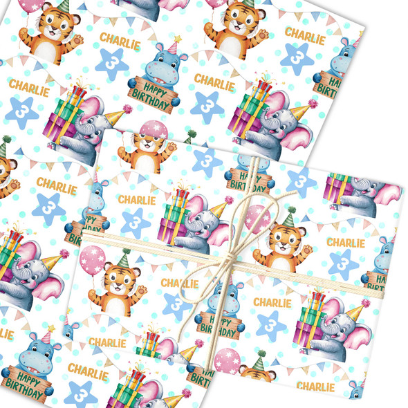 Personalised Wrapping Paper Birthday Circus Animals Tiger Elephant Custom Wrap