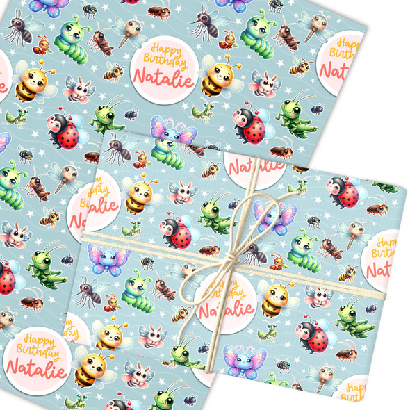 Personalised Wrapping Paper Kids Birthday Cute Insects Green Custom Gift Wrap
