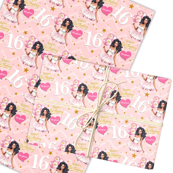 Personalised Wrapping Paper Kids Birthday Dark Skin Pink Girls Custom Gift Wrap