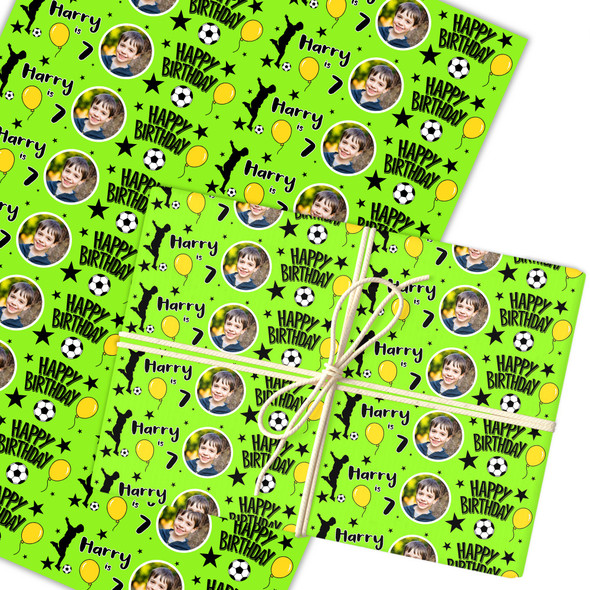 Personalised Wrapping Paper Birthday Green Football Photo Boys Custom Gift-Wrap