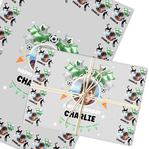 Personalised Wrapping Paper Kids Birthday Grey & Green Football Custom Gift Wrap