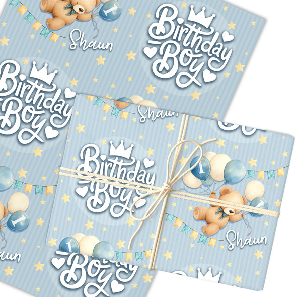 Personalised Wrapping Paper Kids Birthday Grey Blue Teddy Bear Custom Gift Wrap