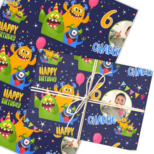 Personalised Wrapping Paper Kids Birthday Navy Monsters Photo Custom Gift Wrap Personalised Wrapping Paper Kids Birthday Navy Monsters Photo Custom Gift Wrap