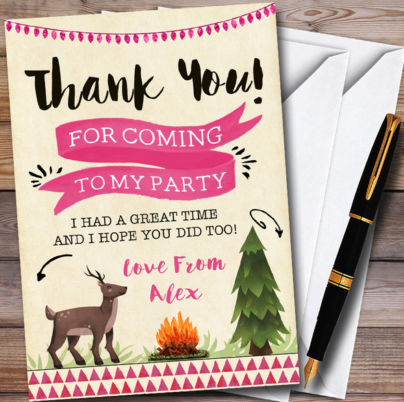 Deer & Campfire Camping Girls Personalised Party Thank You Cards