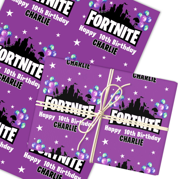 Personalised Wrapping Paper Kids Birthday Stars Fortnite Purple Custom Gift-Wrap