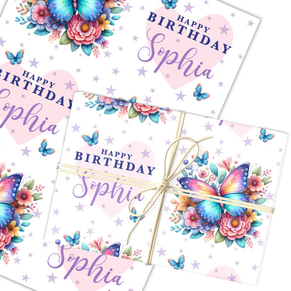Personalised Wrapping Paper Kids Birthday White Butterflies Custom Gift Wrap