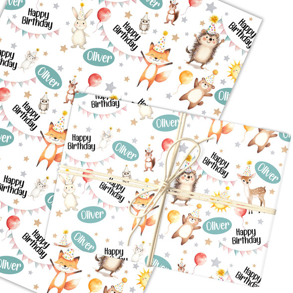 Personalised Wrapping Paper Kids Birthday White Woodland Animal Custom Gift Wrap