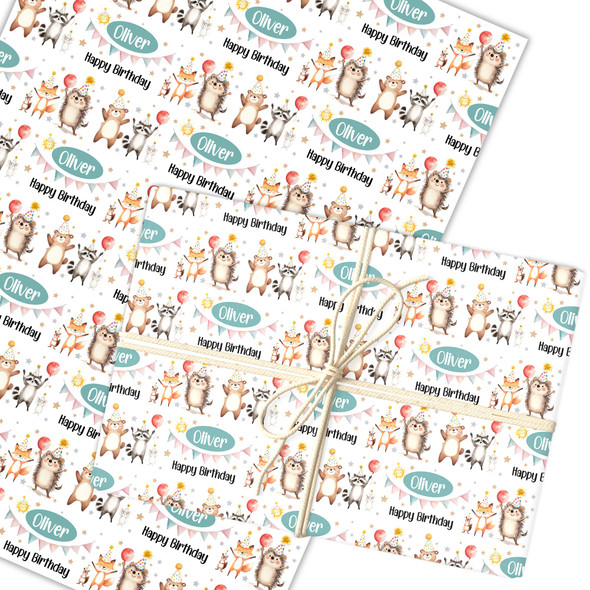Personalised Wrapping Paper Kids Birthday Woodland Animal White Custom Gift Wrap