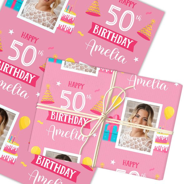 Personalised Wrapping Paper 50th Birthday Pink Photo For Her Custom Gift Wrap