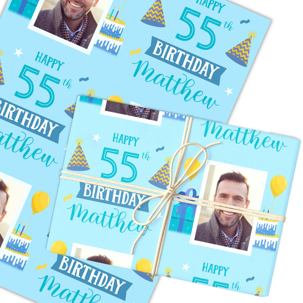 Personalised Wrapping Paper 55th Birthday Photo Blue For Him Custom Gift Wrap