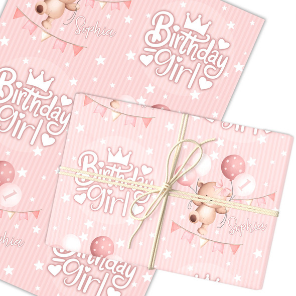 Personalised Wrapping Paper Kids Birthday Baby Pink Teddy Girls Custom Gift Wrap
