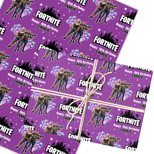 Personalised Wrapping Paper Kids Birthday Purple Fortnite Custom Gift Wrap