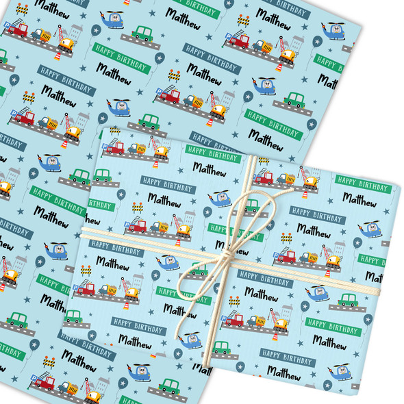 Personalised Wrapping Paper Kids Birthday Cars Lorries For Boys Custom Gift Wrap