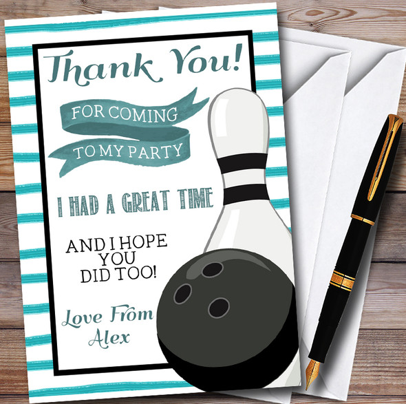 Green Stripe Bowling Ball & Pin Personalised Party Thank You Cards