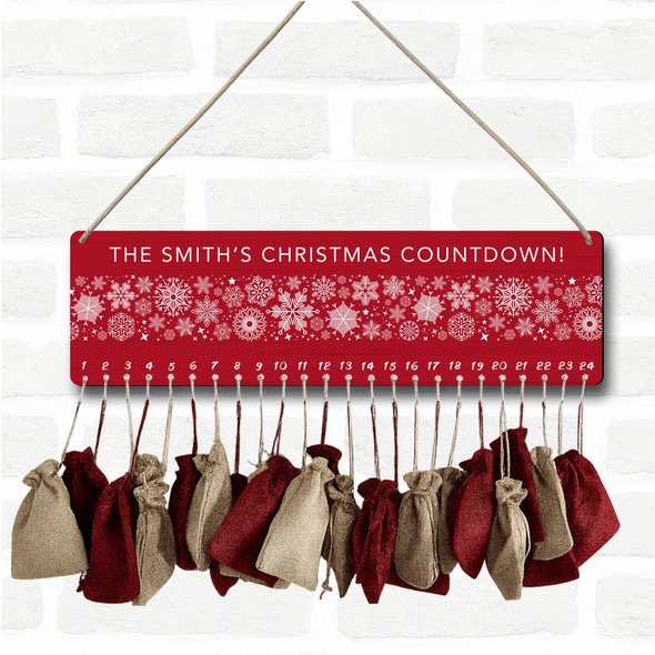 Personalised Christmas Advent Calendar Family Red Snowflakes Xmas Countdown Sign