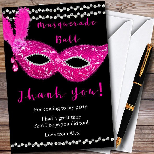 Pink & Black Masquerade Ball Personalised Party Thank You Cards