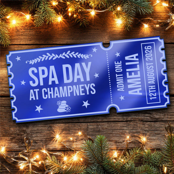 Blue Mirror Acrylic Ticket Spa Day Personalised Any Text Voucher Blue Mirror Acrylic Ticket Spa Day Personalised Any Text Voucher