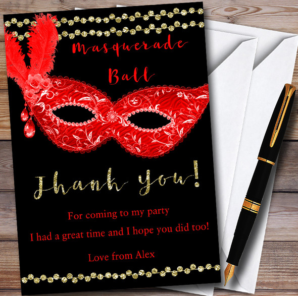 Red & Gold Masquerade Ball Personalised Party Thank You Cards