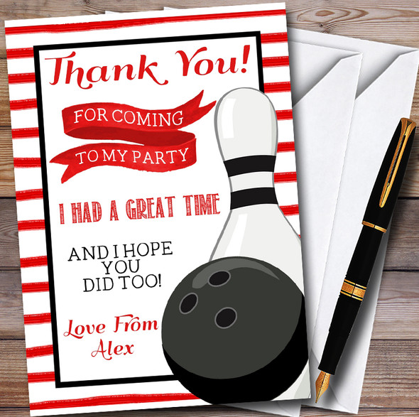 Red Stripe Bowling Ball & Pin Personalised Party Thank You Cards