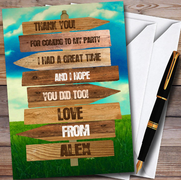 Rustic Wooden Signpost Camping Personalised Party Thank You Cards