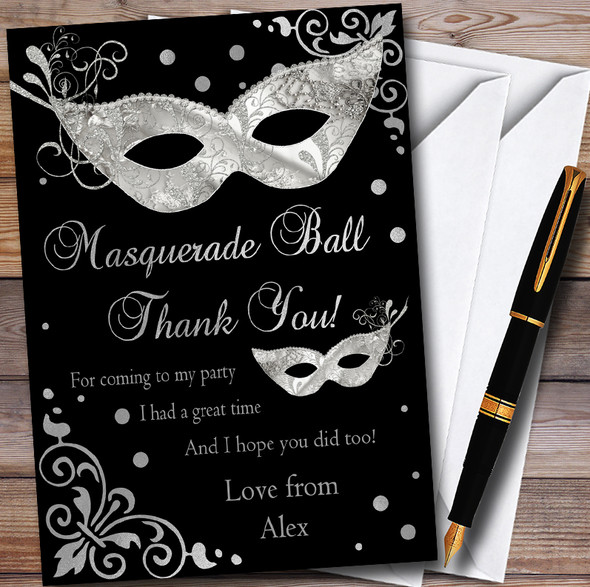 Silver & Black Masquerade Ball Personalised Party Thank You Cards