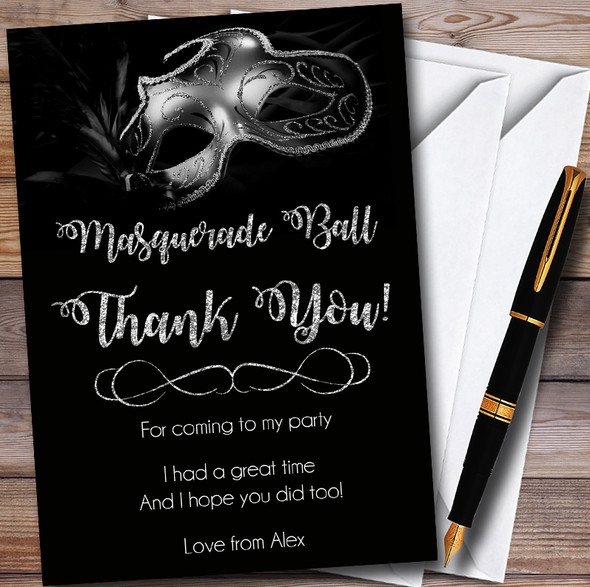 Silver Glitter Mask Masquerade Ball Personalised Party Thank You Cards