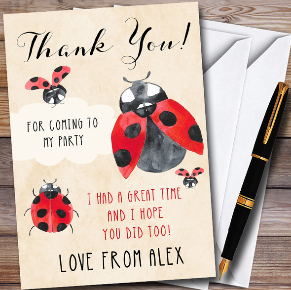 Watercolour Ladybird Ladybug Personalised Party Thank You Cards