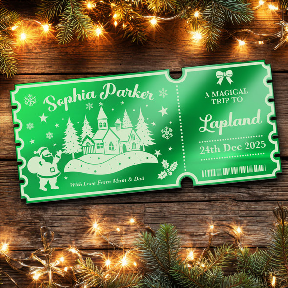 Green Mirror Acrylic Ticket Lapland Surprise Trip Christmas Personalised Voucher Green Mirror Acrylic Ticket Lapland Surprise Trip Christmas Personalised Voucher
