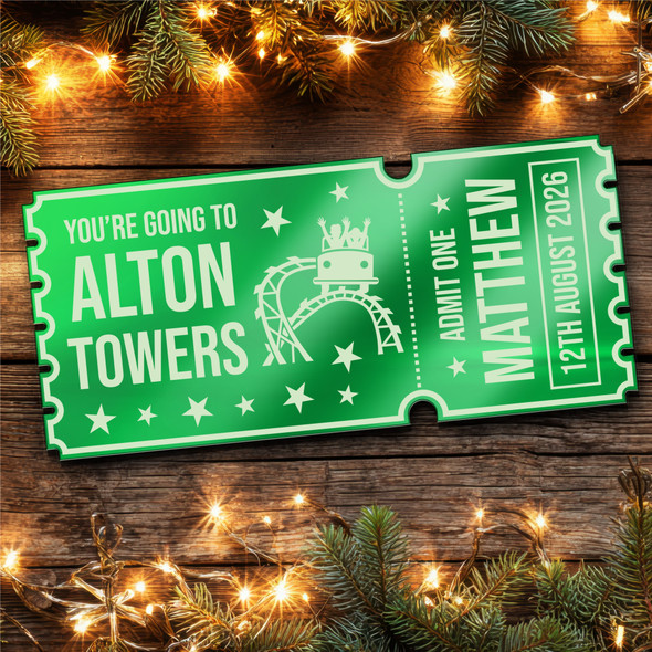 Green Mirror Acrylic Ticket Alton Towers Theme Park Personalised Any Text Green Mirror Acrylic Ticket Alton Towers Theme Park Personalised Any Text