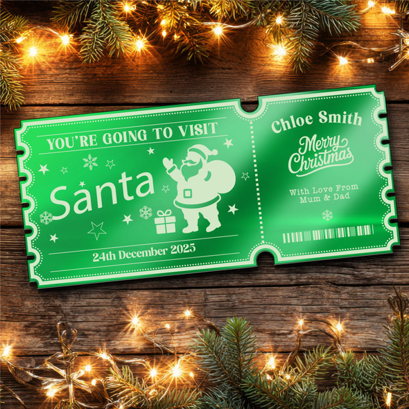 Green Mirror Acrylic Ticket To See Santa Visit Christmas Personalised Any Text Green Mirror Acrylic Ticket To See Santa Visit Christmas Personalised Any Text