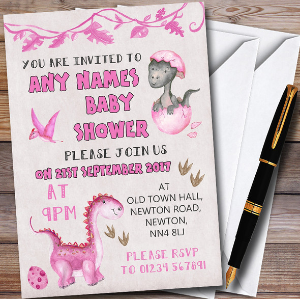 Watercolour Pink Dinosaur Girl Personalised Baby Shower Invitations