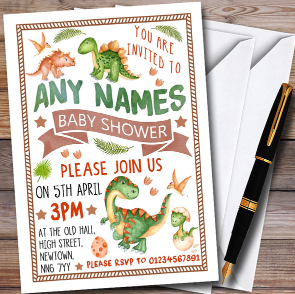 Cute Dinosaur Watercolour Personalised Baby Shower Invitations