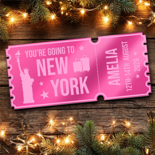 Pink Mirror Acrylic Ticket New York Trip Holiday Surprise Getaway Personalised Pink Mirror Acrylic Ticket New York Trip Holiday Surprise Getaway Personalised
