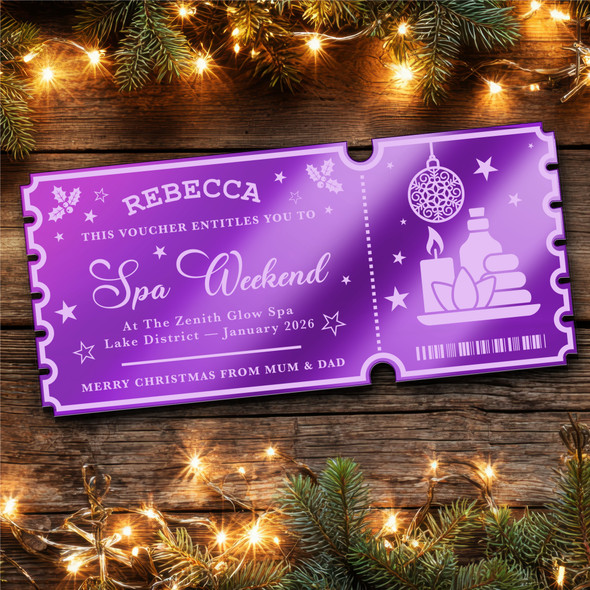 Purple Mirror Acrylic Ticket Spa Weekend Christmas Personalised Any Text Voucher Purple Mirror Acrylic Ticket Spa Weekend Christmas Personalised Any Text Voucher