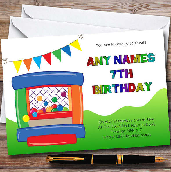 Rainbow Colours Bouncy Castle Personalised Childrens Birthday Party Invitations