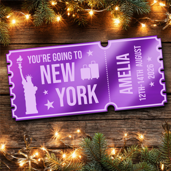 Purple Mirror Acrylic Ticket New York Trip Holiday Surprise Getaway Personalised Purple Mirror Acrylic Ticket New York Trip Holiday Surprise Getaway Personalised