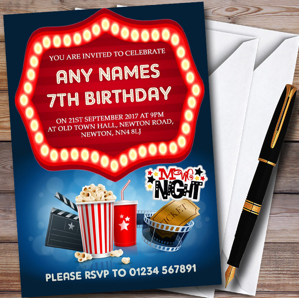 Blue Film Movie Cinema Night Personalised Childrens Birthday Party Invitations