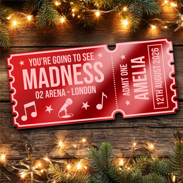 Red Mirror Acrylic Ticket Madness Band Concert Personalised Any Text Voucher Red Mirror Acrylic Ticket Madness Band Concert Personalised Any Text Voucher