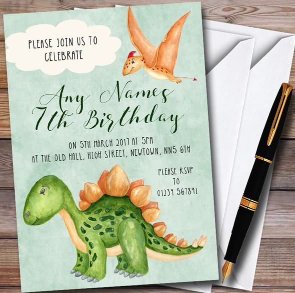 Green Watercolour Dinosaur Personalised Childrens Birthday Party Invitations