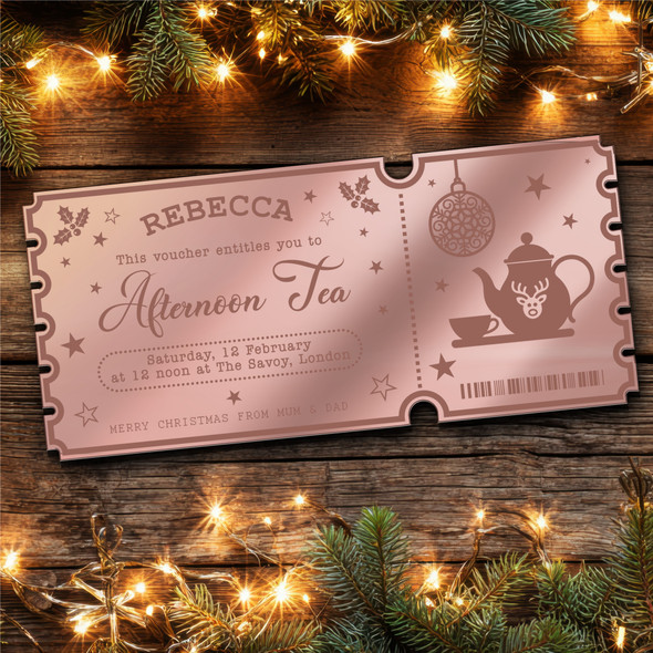 Rose Gold Mirror Acrylic Ticket Afternoon Tea Christmas Bauble Personalised Rose Gold Mirror Acrylic Ticket Afternoon Tea Christmas Bauble Personalised
