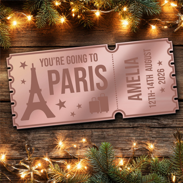 Rose Gold Mirror Acrylic Ticket Paris Trip Holiday Personalised Any Text Voucher Rose Gold Mirror Acrylic Ticket Paris Trip Holiday Personalised Any Text Voucher
