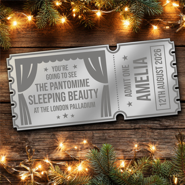 Silver Mirror Acrylic Ticket Pantomime Show Christmas Personalised Any Text