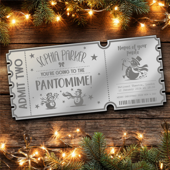 Silver Mirror Acrylic Ticket Pantomime Snowmen Christmas Show Personalised