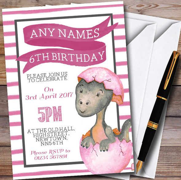 Girls Pink Baby Dinosaur Personalised Childrens Birthday Party Invitations