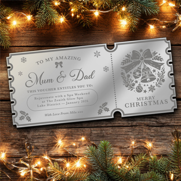 Silver Mirror Acrylic Ticket Spa Weekend Break Christmas Personalised Any Text