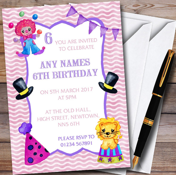 Watercolour Girls Circus Personalised Childrens Birthday Party Invitations