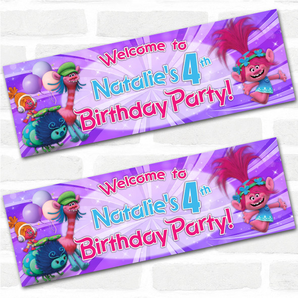 Personalised Party Banner For Kids Birthday Trolls Pink Purple